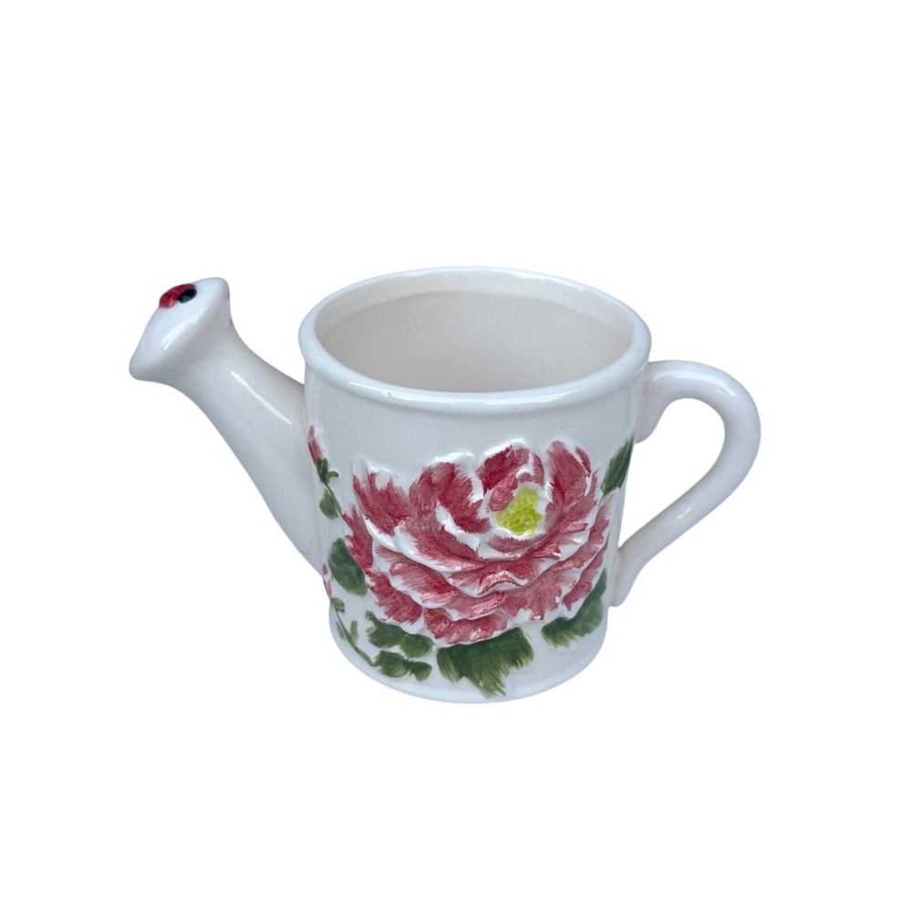 Ceramic Miniature Watering Can Pink Peony Flower Ladybug Cottagecore Decor 4.5in